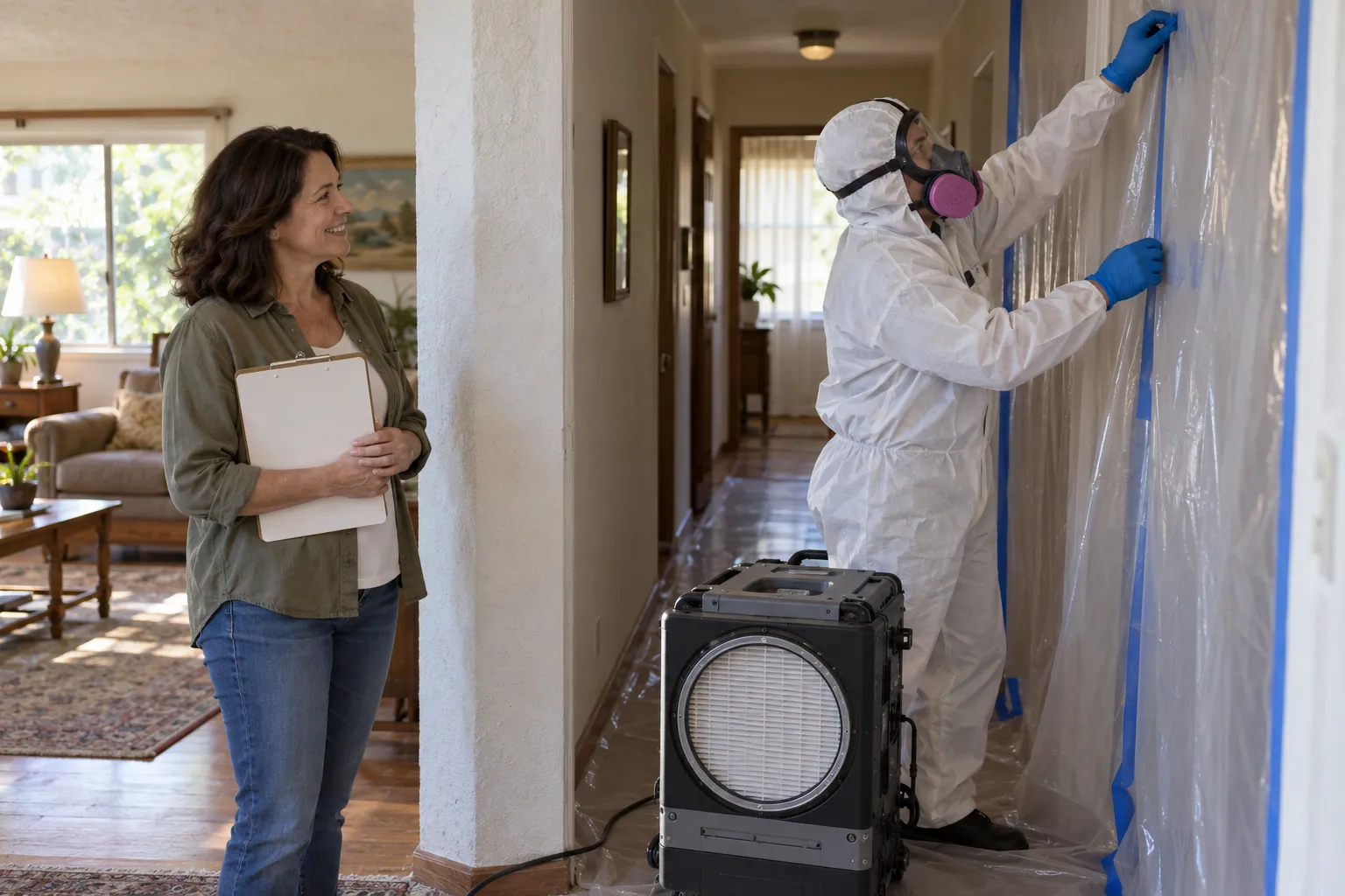 Provider setting up containment barriers in a home near Irvine during mold remediation